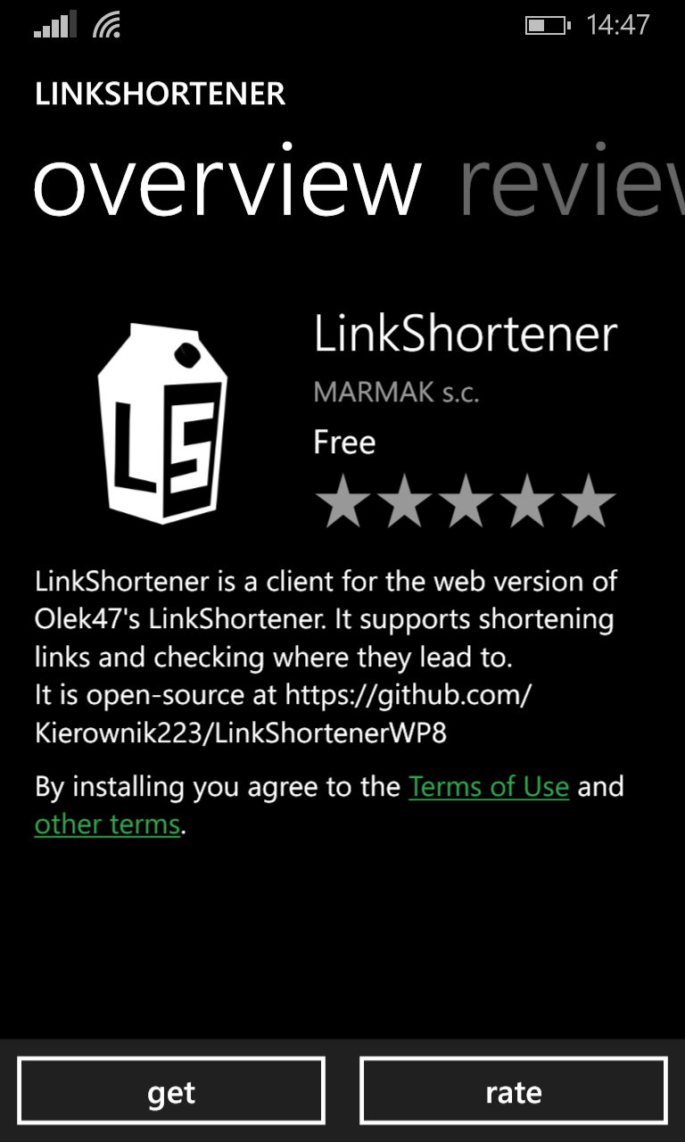 LinkShortener app page in the Live Store